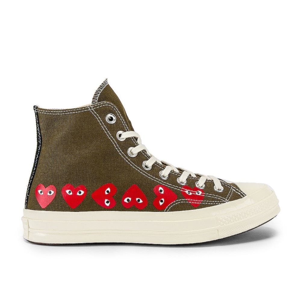 Comme des Garcons PLAY Olive High-Tops with Red Heart Motif